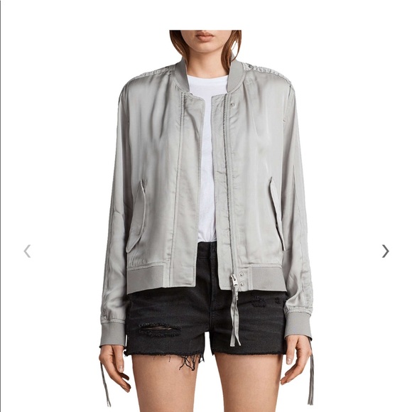 All Saints Ellis ruched-sleeve silver grey bomber - Picture 2 of 3